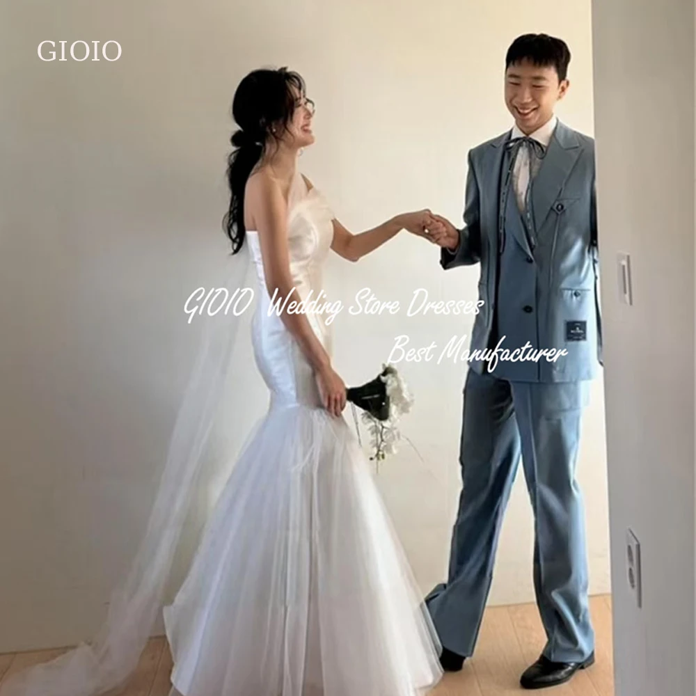 

Gioio Elegant Satin Mermaid Korea Wedding Dress Off Shoulder Cape Photos Shoot Bride Dress Customized Corset Long Bridal Gown