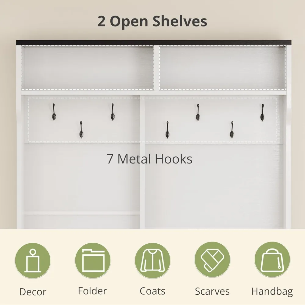شجرة القاعة مع مساحة تخزين للأحذية، رف معطف خشبي منظم للمدخل مع 7 خطافات للباب الأمامي (كسب الخشب الأسود)