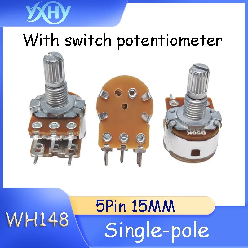 

5PCS WH148 Single-Gang 5-Pin Potentiometer with Switch B1K 2K 5K 10K 250K 1M Audio Speaker Amplifier Volume Control