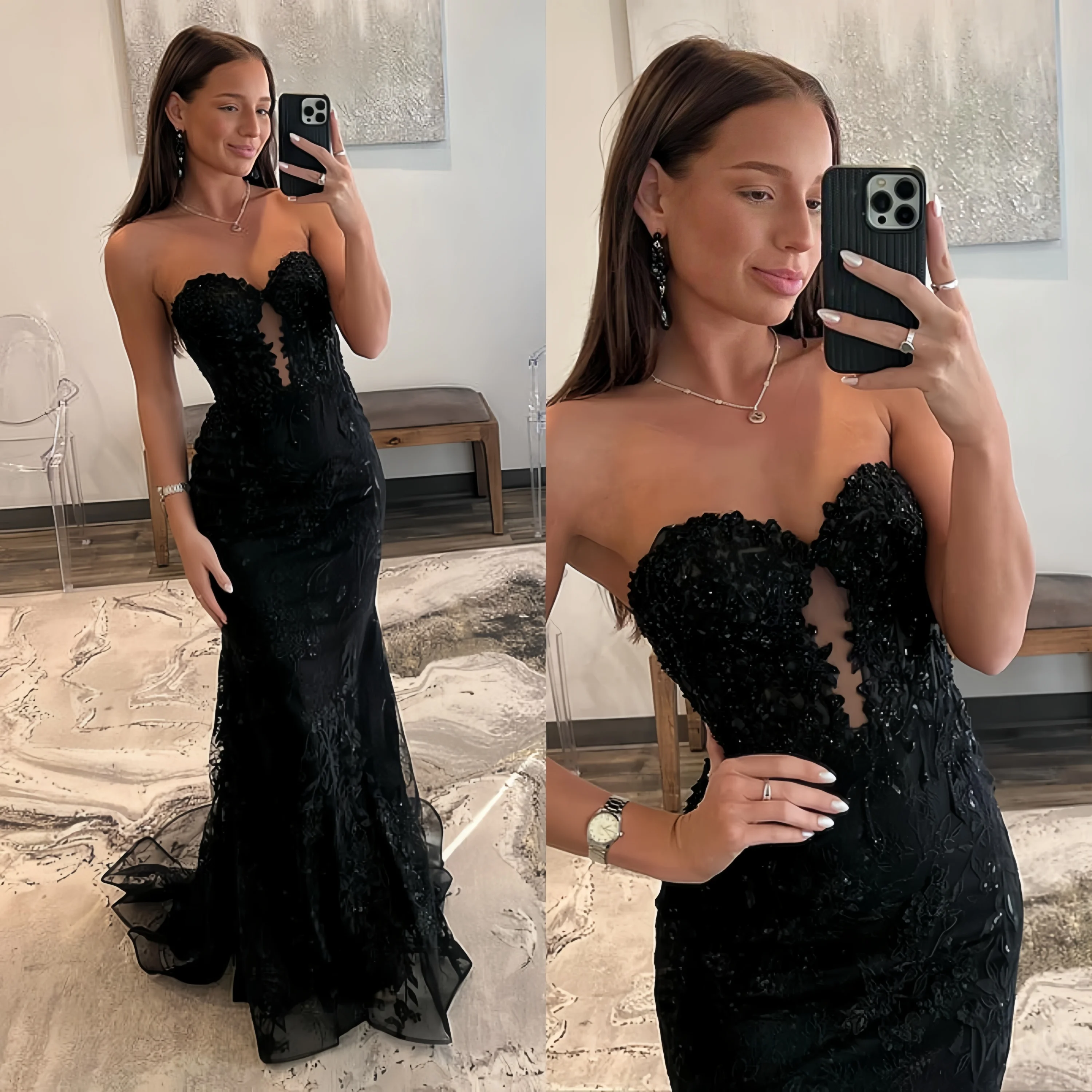 Stylish Black Prom Dress Pleated Mermaid Sweetheart Neckline Sparkling Off-The-Shoulder Lace Sleeveless Party Evening Dress