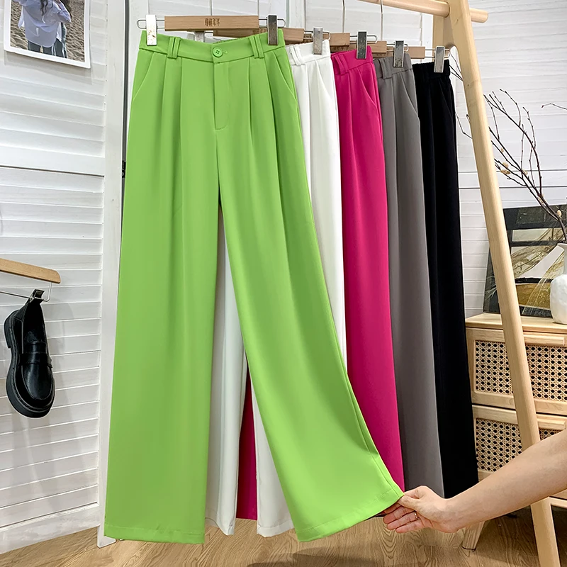 

Women 2024 Summer Fashion Ice Silk Wide-leg Pants Female Loose Chiffon Straight Pant Ladies Solid Color Casual Trousers N73