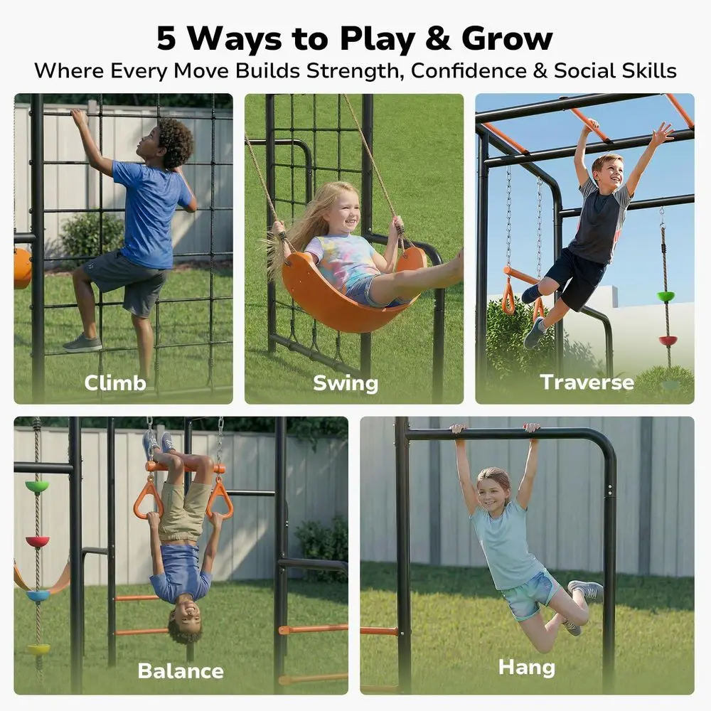 

Outdoor Jungle Gym with Monkey Bars Frame, 5in1 550lbs HeavyDuty Metal Swing Sets for Backyard with Climbing Net amp Rope, Trap