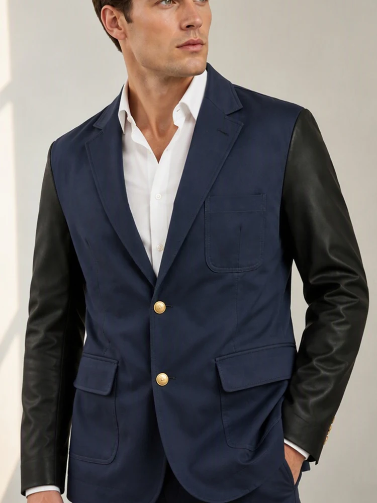 Men Business Casual  Blazer Single Breasted Patchwork Notched Lapel Slim Fit Jacket With Black Faux Leather Sleeves Fashion Coat