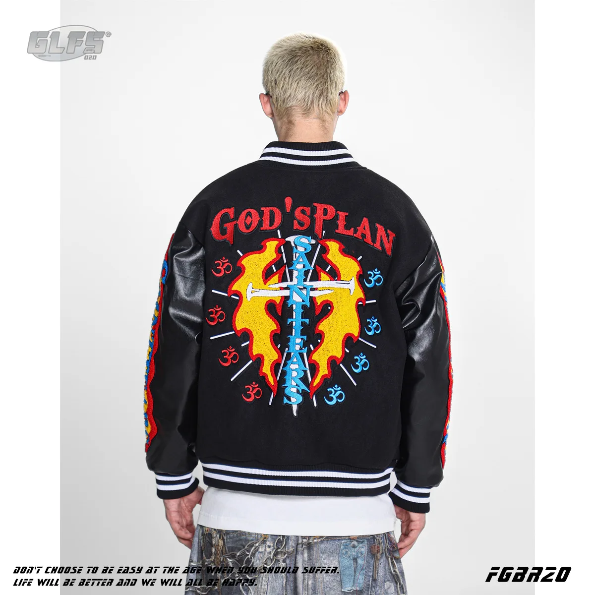 2024 New Autumn and Winter Flame Cross Embroidered PU Sleeve Baseball Jacket, American Heavy Duty Loose Thick Jacket