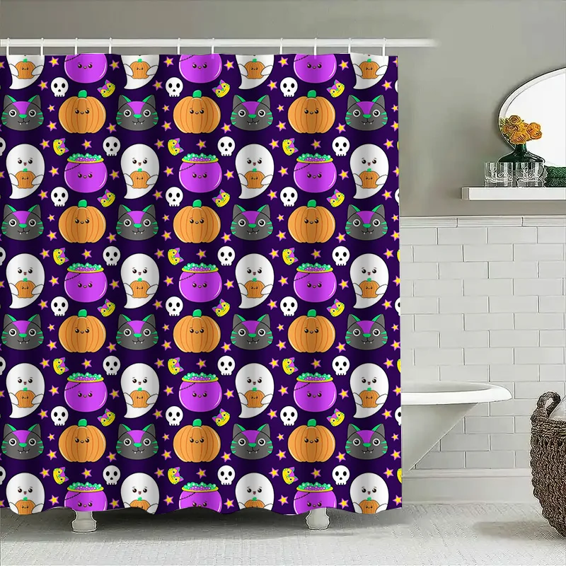 

Tuniu Cute Halloween Shower Curtain with Cartoon Ghosts Pumpkins Stars Purple Black Design