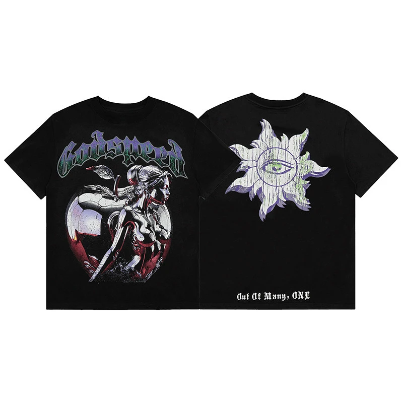 2026 Godspeed Lady Figure Sun Eye Double Sided Print T-Shirt Unisex Black Tee Gothic Letter Front Back Vintage Streetwear Casual