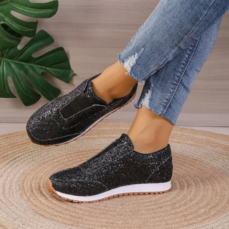 Tênis de lona feminina com lantejoulas, plataforma rasa, sapatos vulcanizados, casual, primavera, outono, moda