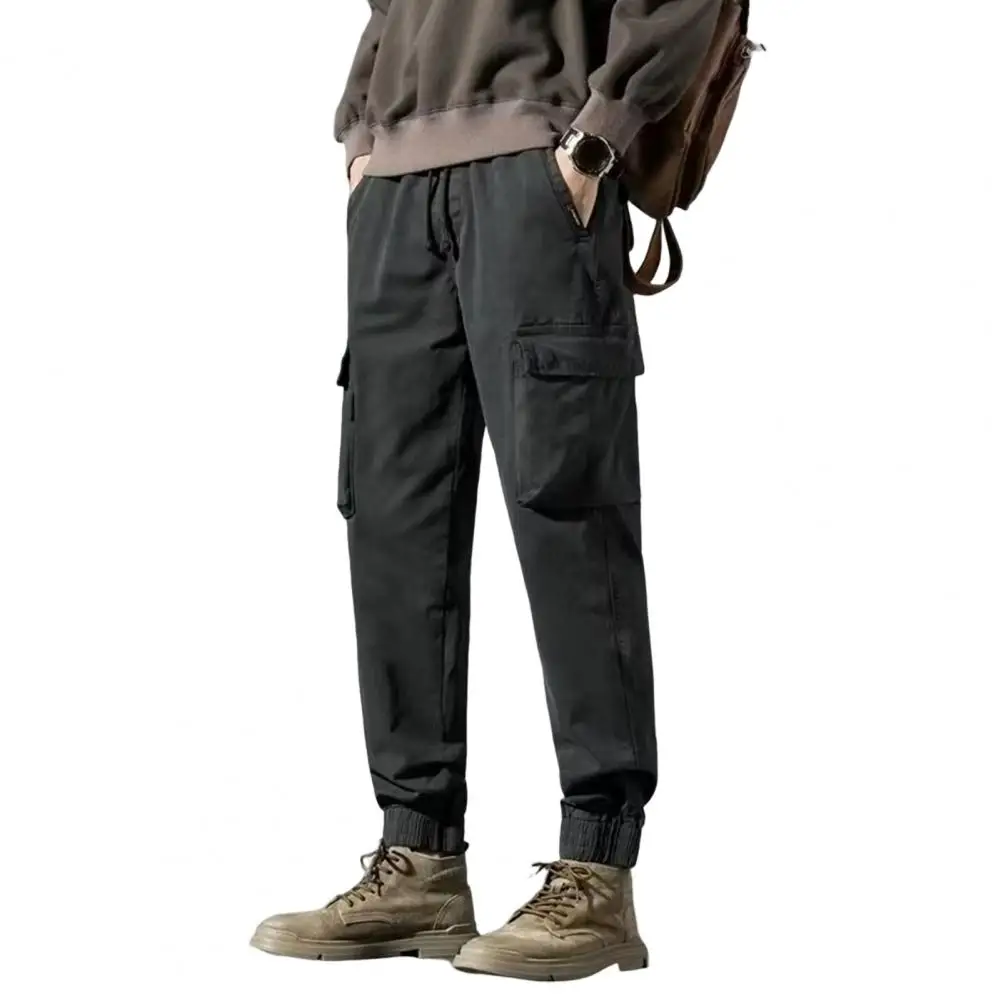 

Loose Thicken Men Cargo Pants Multi Pockets Safari Style Pants Ankle-banded Drawstring Plus Size Winter Trousers Male