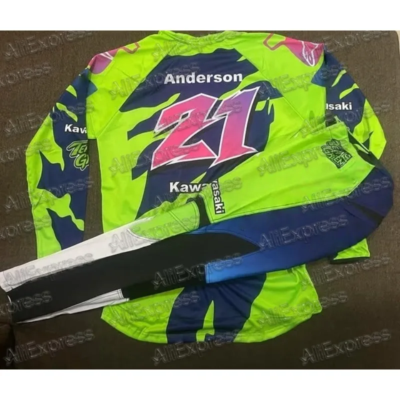 

Kawasaki #21 Anderson Replica Jerse yMotorcycle Motocross Jersey Long Sleeves and Pants Breathable Set MX ATV Dirt Bike Suit