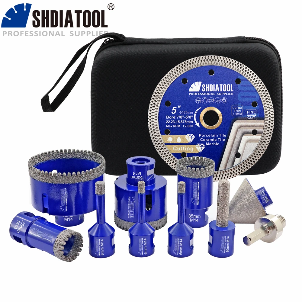 

SHDIATOOL 11Pcs Diamond Tile Drill Bit Dia6-68mm Hole Saw+50mm Chamfer Bit+10mm Finger Bit+ 125MM Mesh Cutting Disc M14 Tool Set