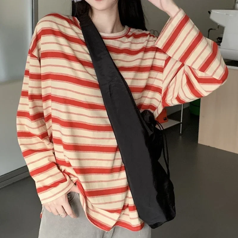 Spring Autumn Women T-shirts harajuku stripe Long Sleeve Preppy Style O Neck Fashion Casual oversized Stripe y2k Tops streetwear