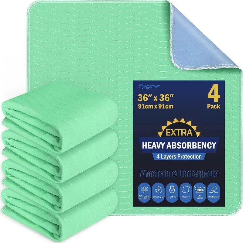 4 Pack 36” x 36” Extra Heavy Absorbency Washable Underpads, Waterproof Quick Drying Nursing Pads Incontinence Bed Pads