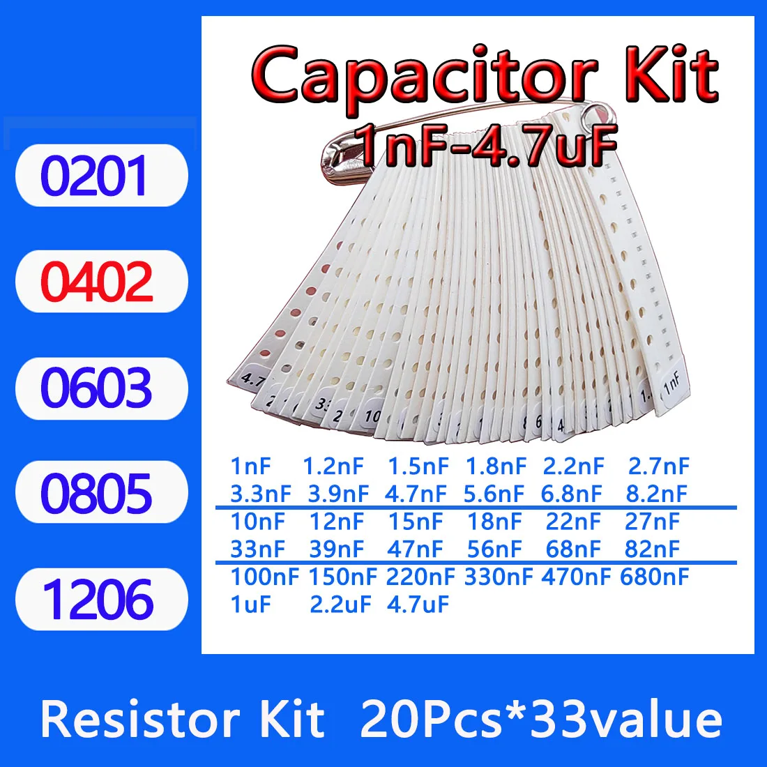 Capacitor kit 0201 0402 0603 0805 1206 smd Capacity package each value*20PCS Sample Kit Capacitor 1nf 10nf 100nf 1uf 10uf 22uf