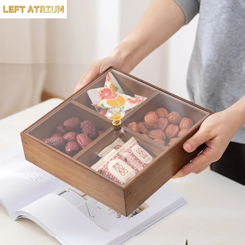 

HeMu Bamboo 4/6-Compartment Snack Box with Acrylic Lid Divided Serving Tray for Nuts, Dried Fruits, Candies，Party Food Organizer