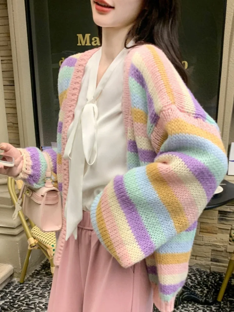 

Grunge Rainbow Striped Women Cardigans 2024 Y2k Aesthetic Loose Sweet Sweaters Casual Kawaii Harajuku Preppy Knitwear Spring