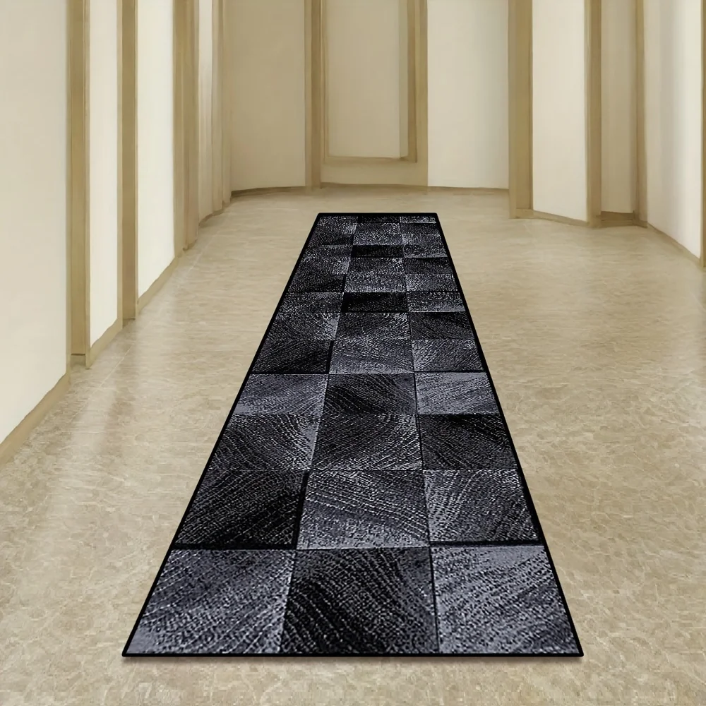 Modern Geometric Plaid Checkerboard Runner Rug Grey Black Corridor Floor Mat