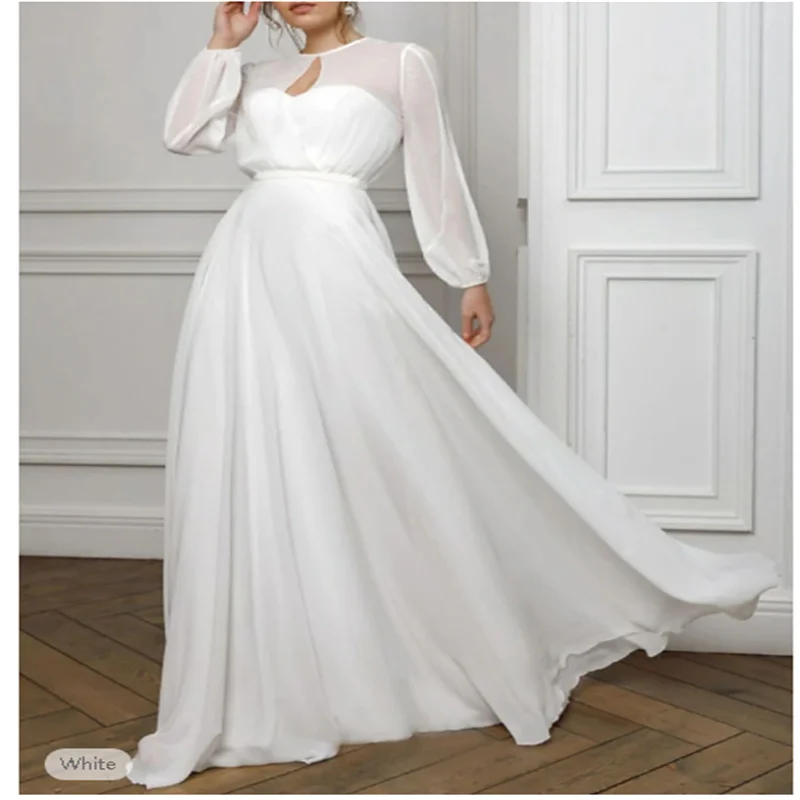 

A-Line Evening Gown Empire Dress Valentine's Day Wedding Guest Floor Length Long Sleeve Illusion Neck Chiffon with Pleats