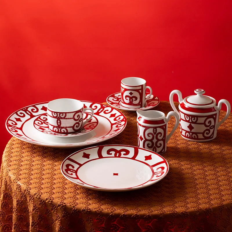 

Customized Chinese Red Series Bone Porcelain Home Western Cuisine Plate Beef Plate European Coffee Cup Plate Tea Cup