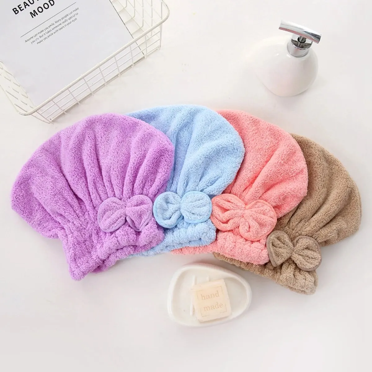 1Pc Ręczniki z mikrofibry do suszenia włosów Chusta na głowę z kokardką Czepek prysznicowy Turban do włosów Czepek kąpielowy na kręcone długie mokre włosy Prezent — zdjęcie 3