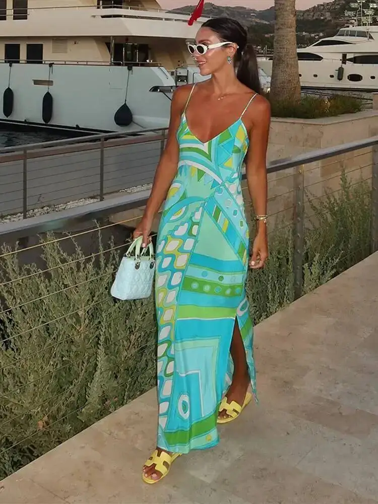 Chic Print Sling Long Dress Women Sleevless Backless Side Split Party Dresses Summer Street Beach Lady Ankle-length Robes J6GY