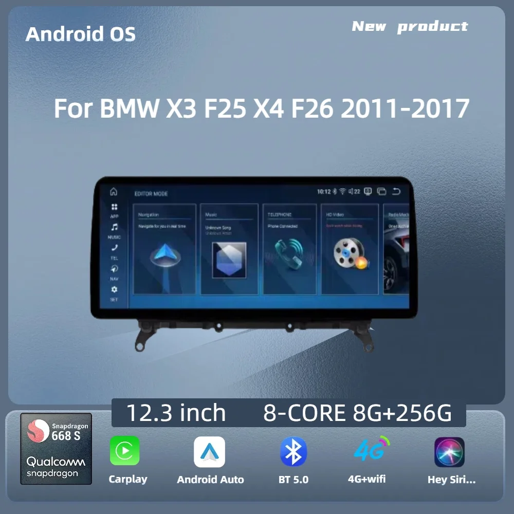 

For BMW X3 F25 X4 F26 2011-2017 Car Radio 12.3 inch Left Hand Drive Android 14 Wireless BT Carplay Snapdragon 680 Touch Screen