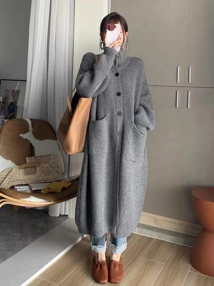 Korean Pleated Trench Coat Women Medium Length Knit Cardigan Loose Slimming High Collar Long Sleeve Single Breasted Windcheater