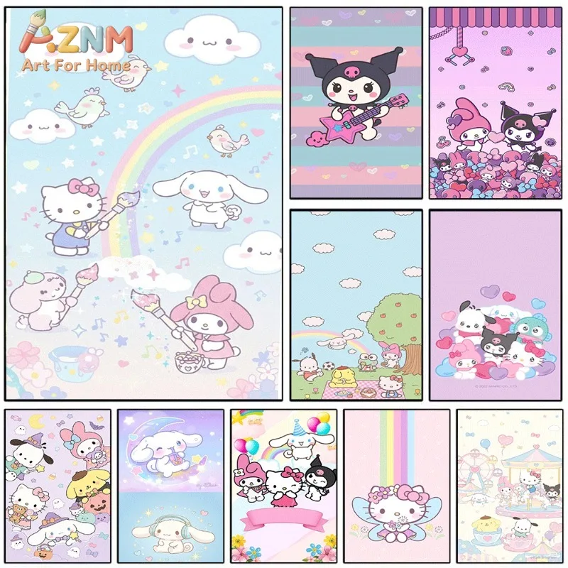 Sanrio Cute Cartoon Poster Hello Kitty Cinnamoroll My Melody Kuromi Rainbow Cloud Sky Canvas Wall Art No Frame Girls Bedroom
