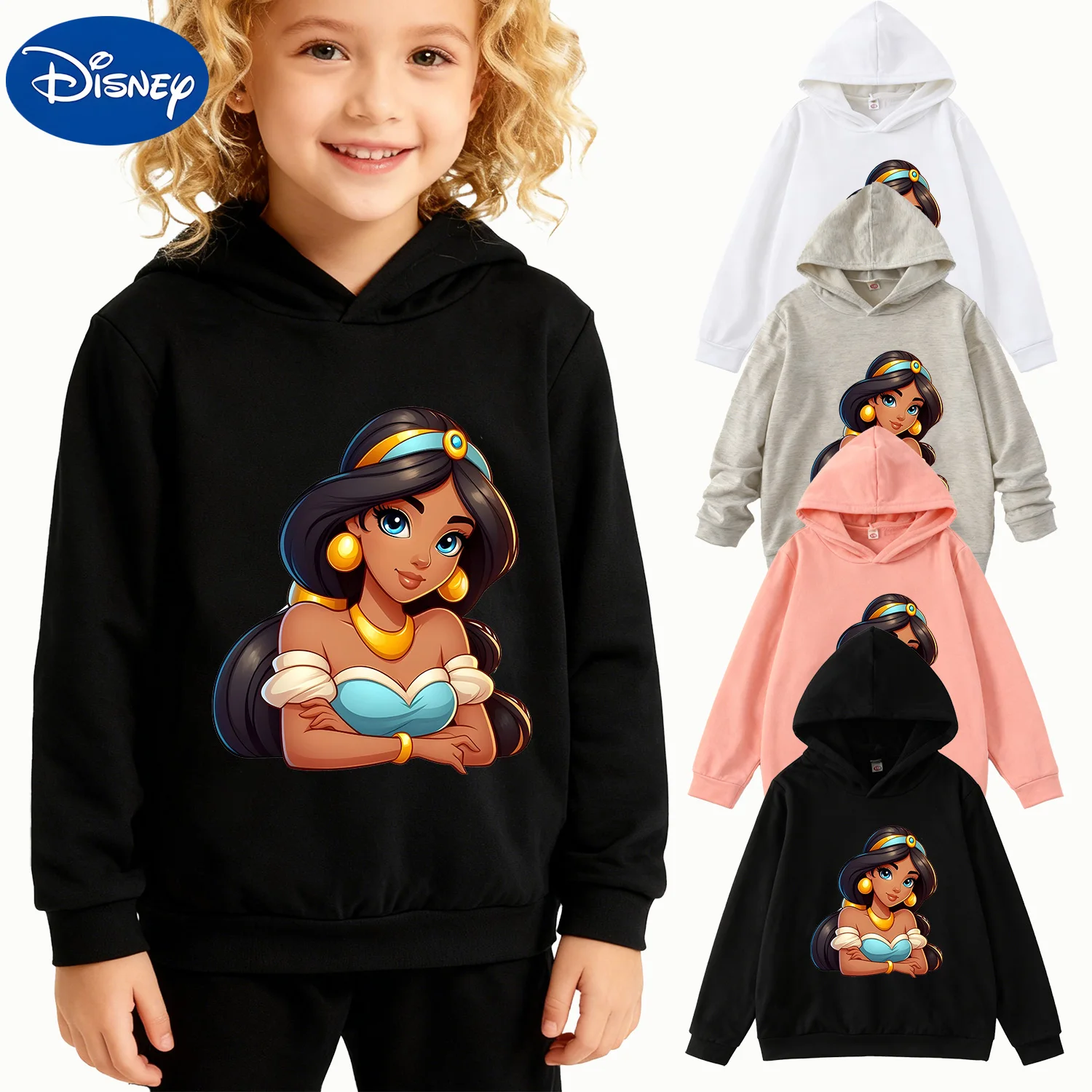 

Детская толстовка с капюшоном принцессы Диснея Жасмин, черный пуловер с длинными рукавами и принтом персонажей Аладдина из мультфильма