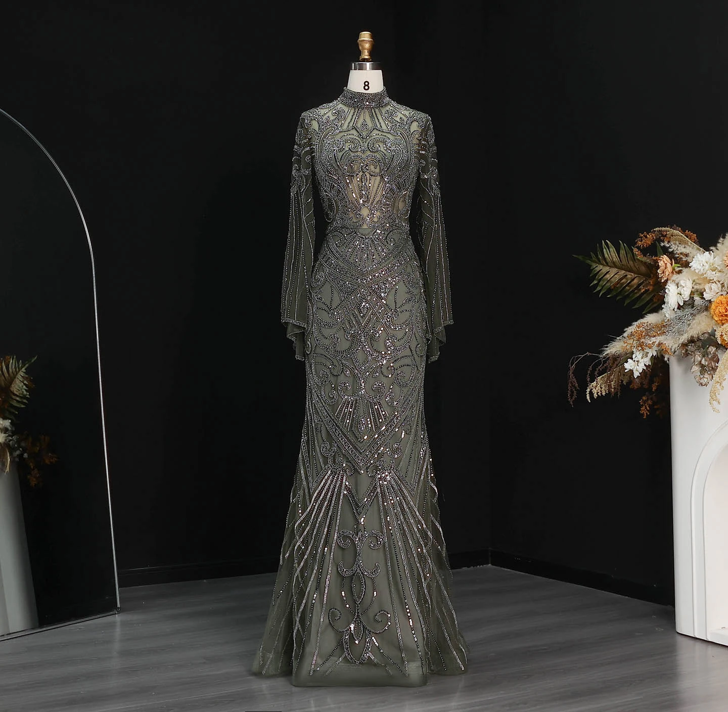Sharon Said Abendkleider Luxuriöse Meerjungfrauenkleider mit Hohem Kragen und Langen Ärmeln, Funkelnde Pailletten-Formelle Kleider für Abschlussball und Party, Elegantes SS055 Maßgeschneidert – Detail 24