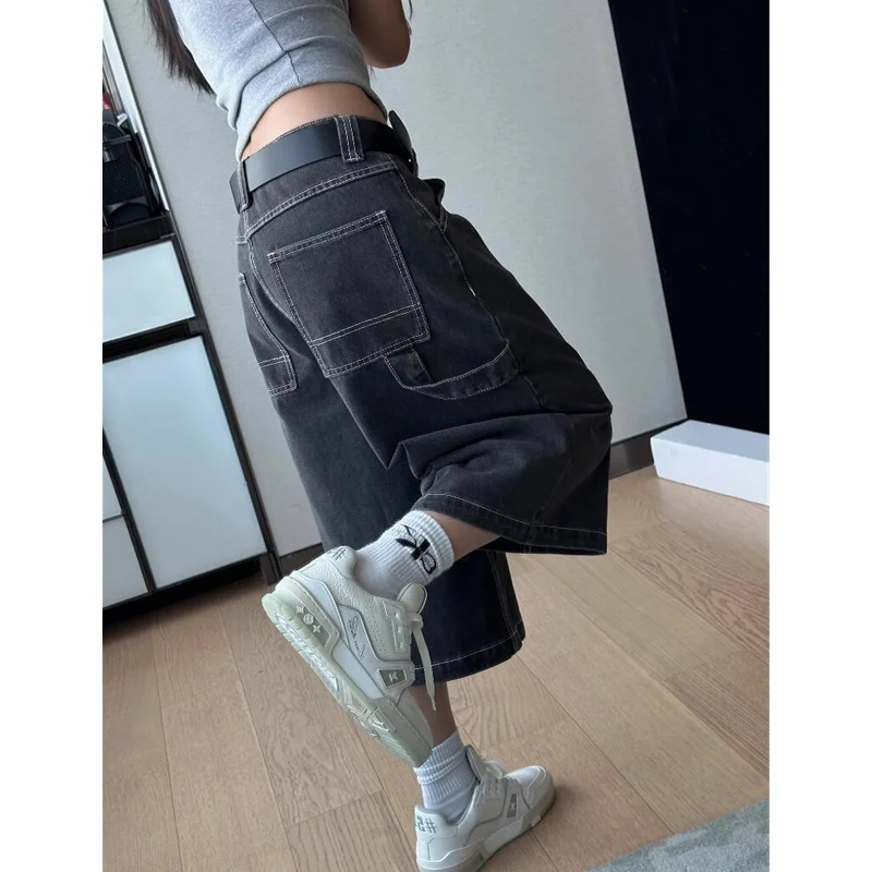 

Women's Shorts Summer Black Gray High Waist Y2K Straight Calf-Length Jeans Streetwear Vintage Boyfriend Wide Leg Denim Shorts