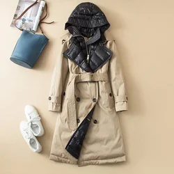 Winter New Hooded Double Breasted Lace Up for Wind Snow Protection Warm White Duck Down Women Mid Length Down Coat Women Coat