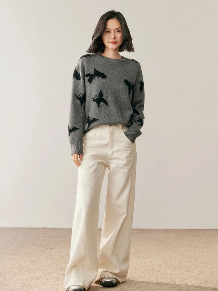 Chic Autumn Winter Women's 100% Cashmere Sweater O-neck Long Sleeve Pullover Thickened Cashmere Knit Jumper Casual Clothes Tops