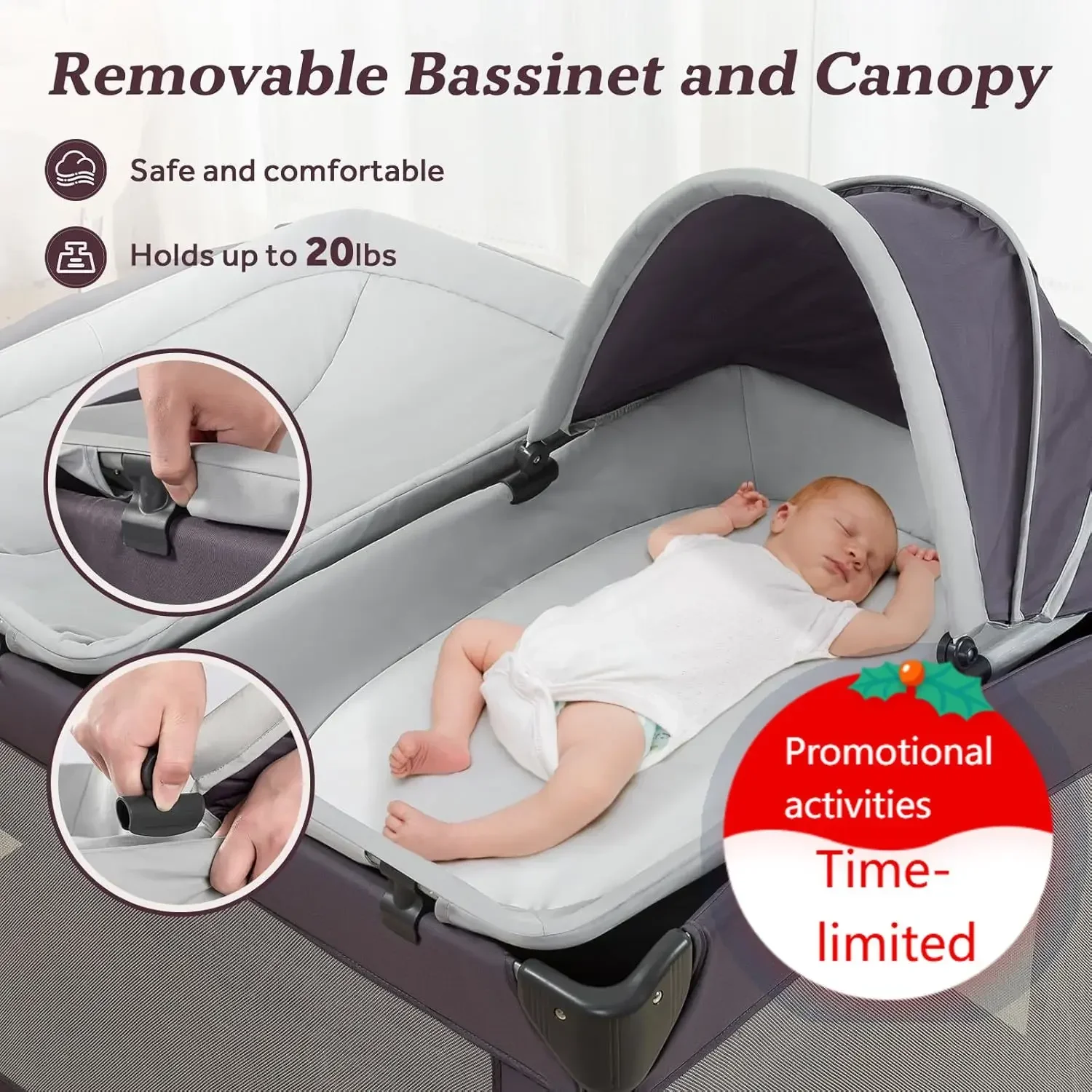 

Portable Baby Playard 4 in 1 Design, Foldable Baby Playpen with Removable Bassinet, Canopy and Changing Table, Infant Playrad, N