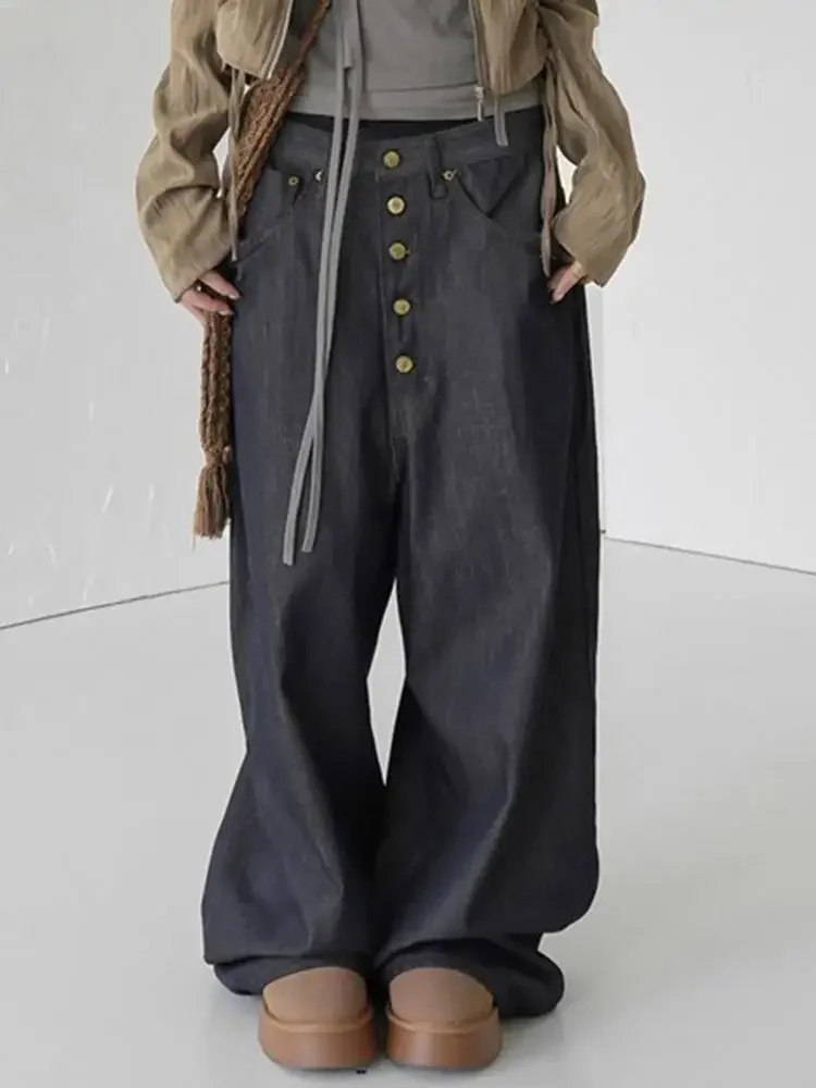 

Винтажные джинсовые брюки большого размера 90-х годов Y2K, мешковатые джинсы с низкой талией, японские длинные брюки в стиле Харадзюку на одной пуговице, модные женские джинсы