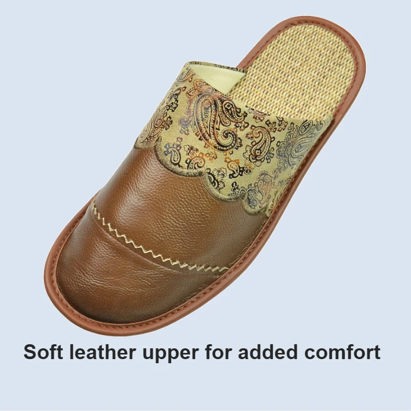 Genuine Cow Leather Linen Slippers Homes in indoor slipper Spring Autumn men women elderly non-slip casual single Slides shoes