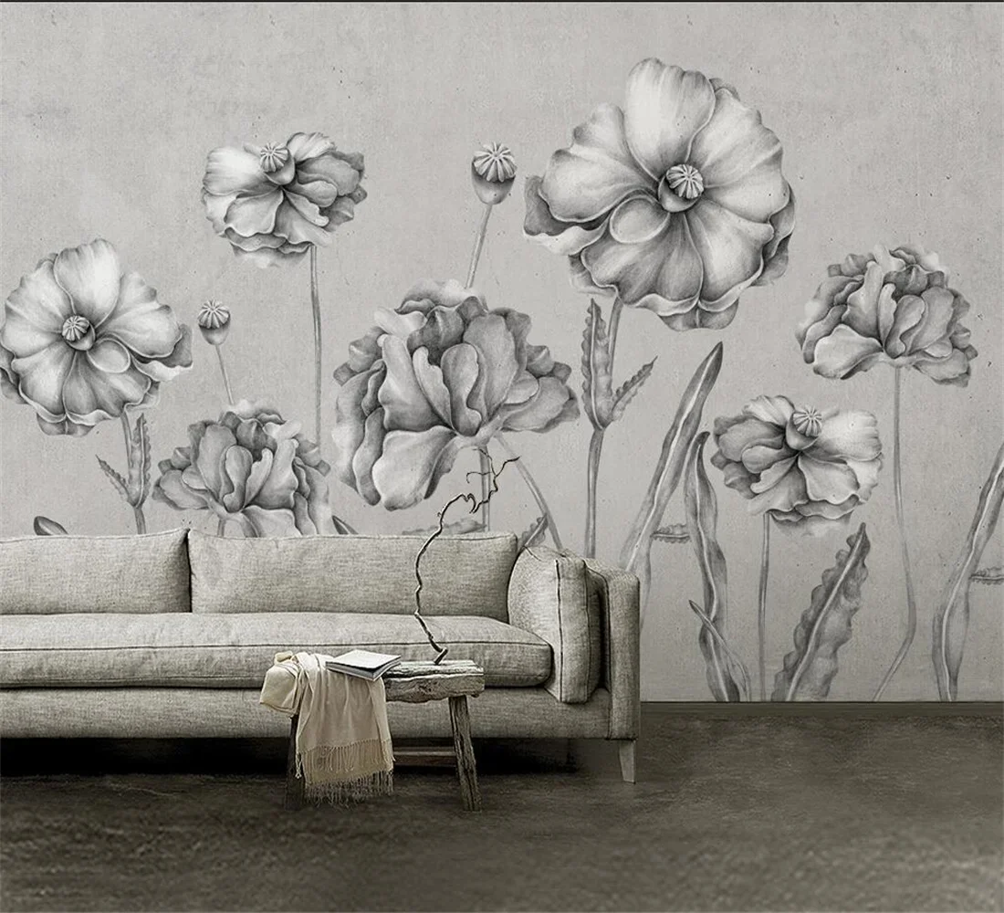 Custom size wallpaper black, white and grey hand-painted flowers flower mural home decoration living room bedroom 3D Wallpaper