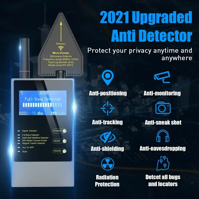 Anti Spy RF Signal Detector, Built-in bateria recarregável, Wi-Fi, GSM, GPS Tracker, Finder sem fio, Spy Things Device