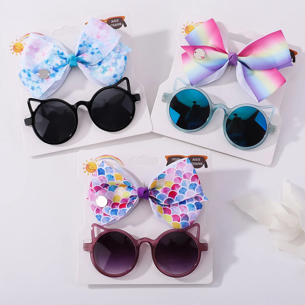 2Pcs/Pack Kids Bows Hairpin Geometry Cartoon Sunglasses Children Protection Glasses Baby Girls Seaside Vacation Hair Accessories