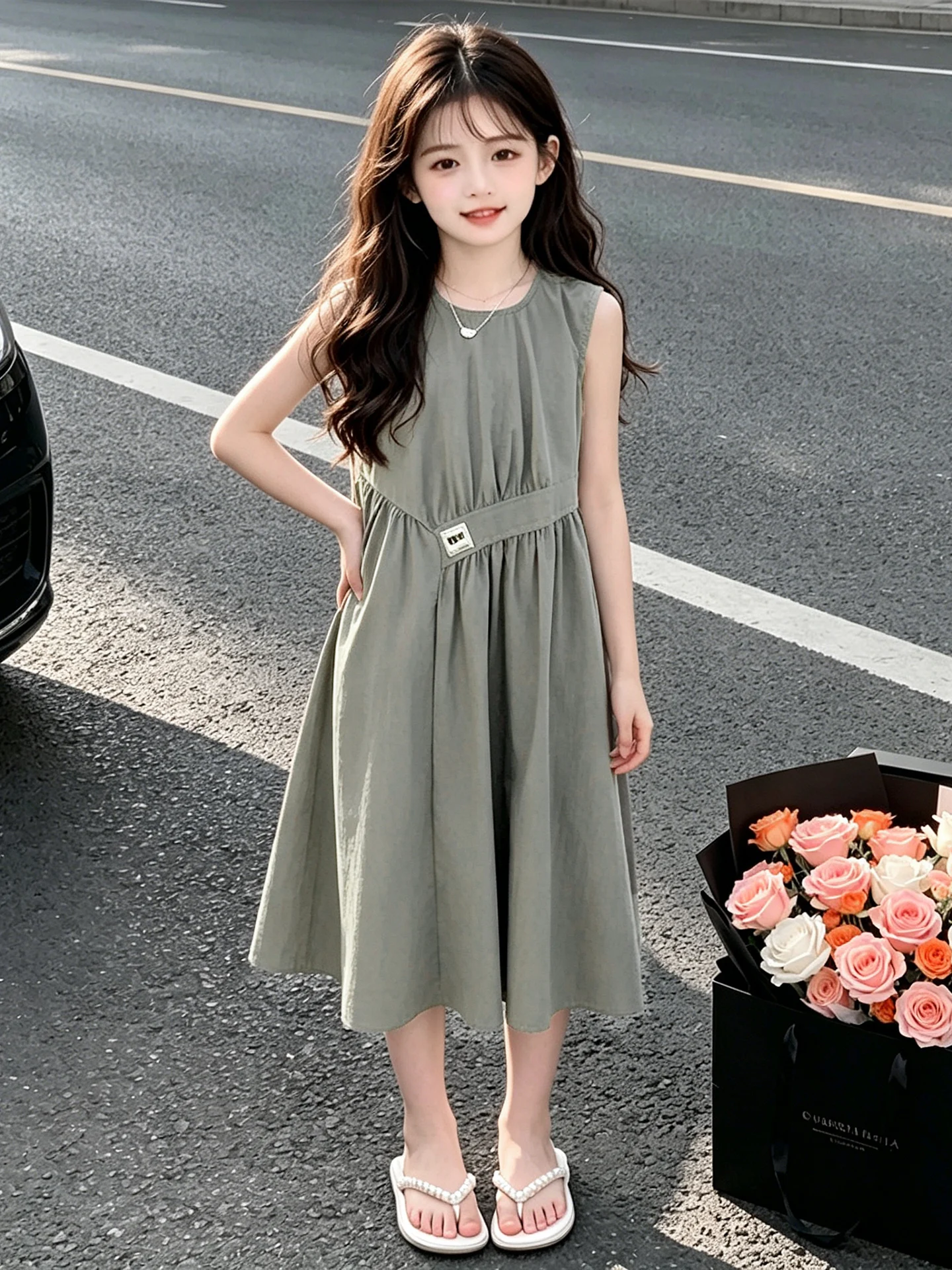 Vestido de Verão para Meninas 2026, Novo Estilo Coreano, Saia Sem Mangas de Comprimento Médio, Confortável e Casual para Cria...