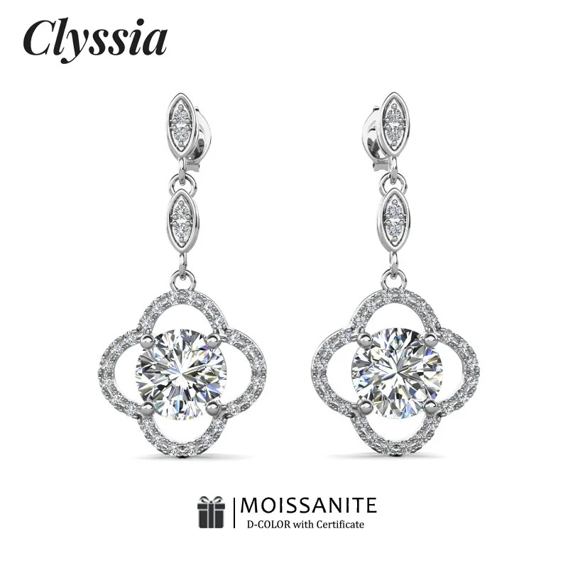 

CLYSSIA 925 Sterling Silver Flower Drop Earrings Trend 2025 Moissanite VVS1 D Color 18k White Gold Plated Ear Piercing Jewelry