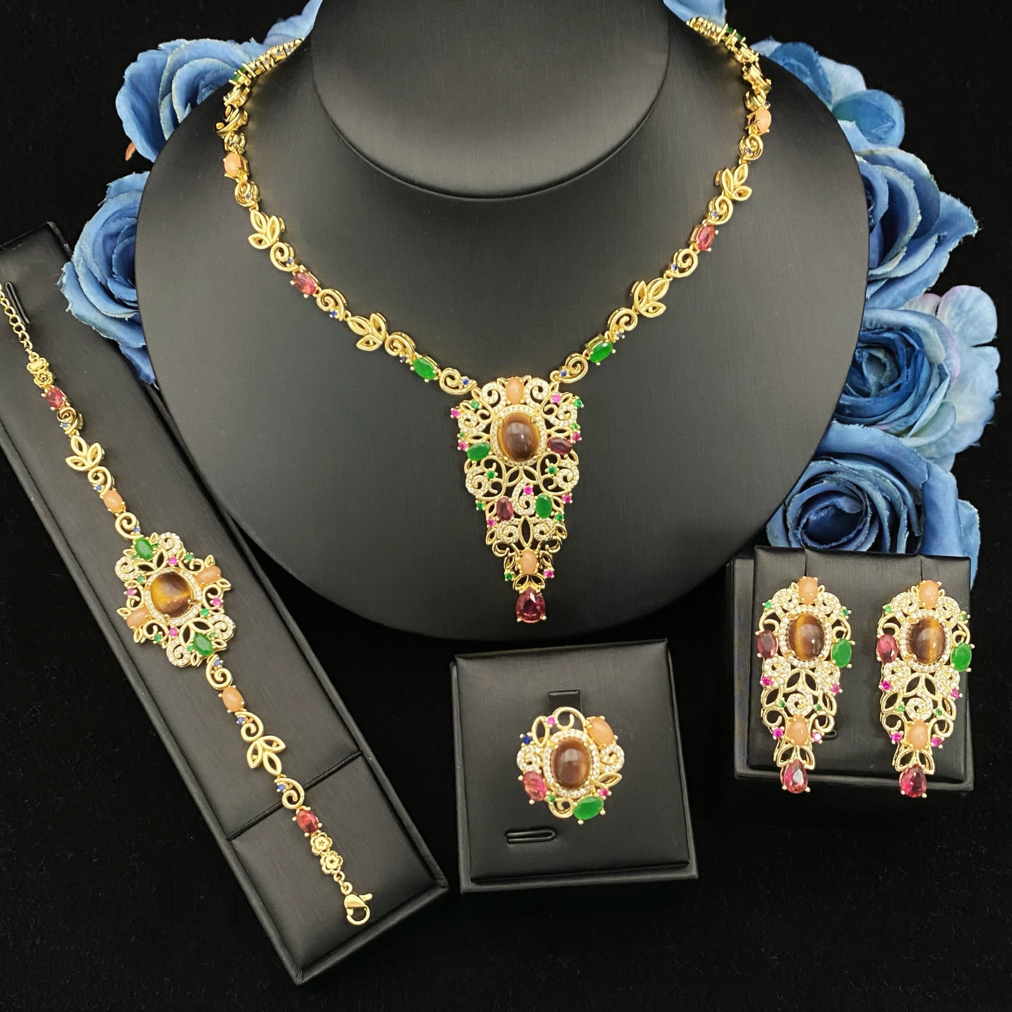 

Falair Women's Luxury Zircon Simulated Jewelry Set Gilded Copper Bracelet Ring Necklace Earrings Daily Elegant Jewelry