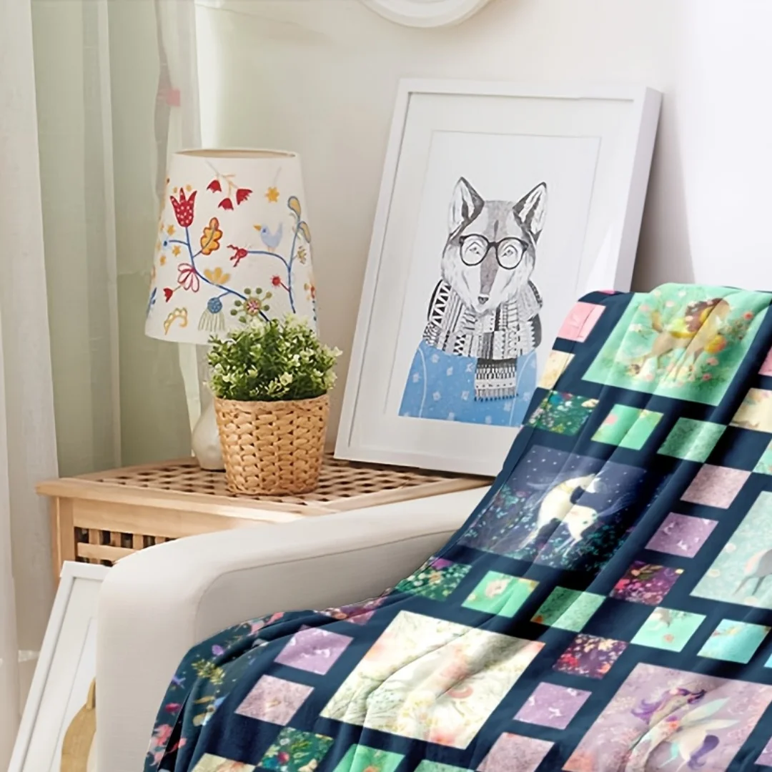 Koc pluszowy z wzorem jednorożca, koc z nadrukiem plemiennym w stylu południowo-zachodnim – wytrzymała tkanina odporna na mechacenie