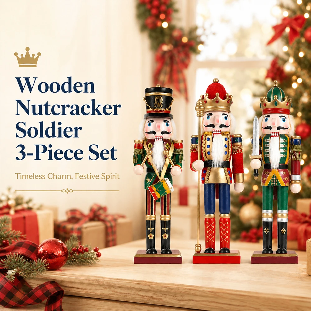 3Pcs 30CM Wooden Nutcracker Puppet Figurine Hand Painted Nutcracker Soldier Model Doll Christmas Ornaments Home Decoration