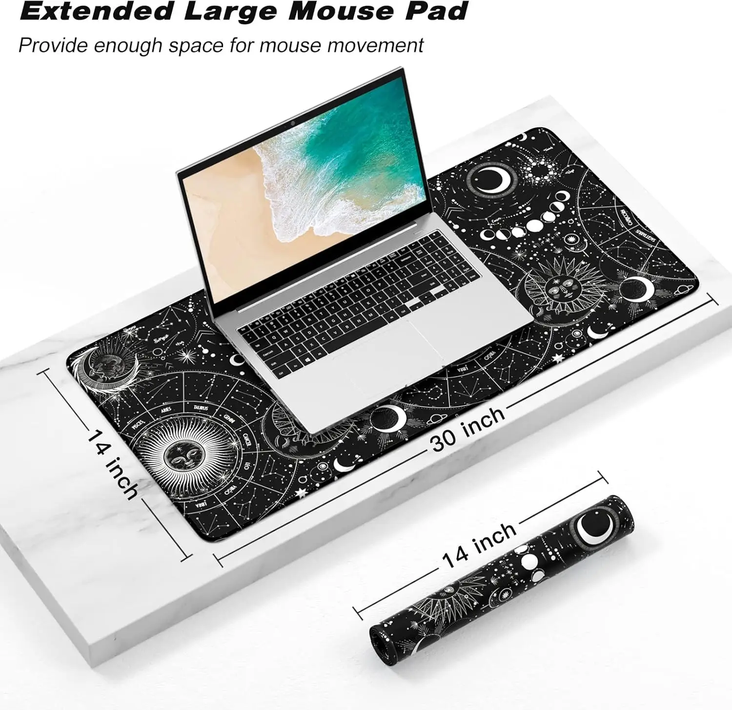 Tarot Sun Moon Zodiac Desk Mat, Black White Astrology Constellation Large Gaming Mouse Pad for Astrology Lovers Home Office