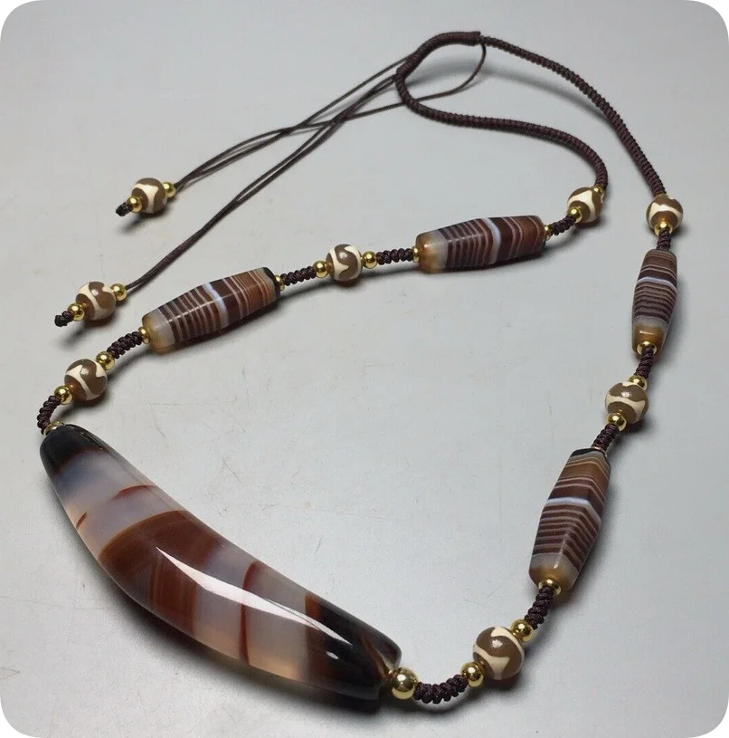 Tibetan Natural Old Agate dZi Silkworm Lines&Eyes Horn Bead Necklace 79mm U727