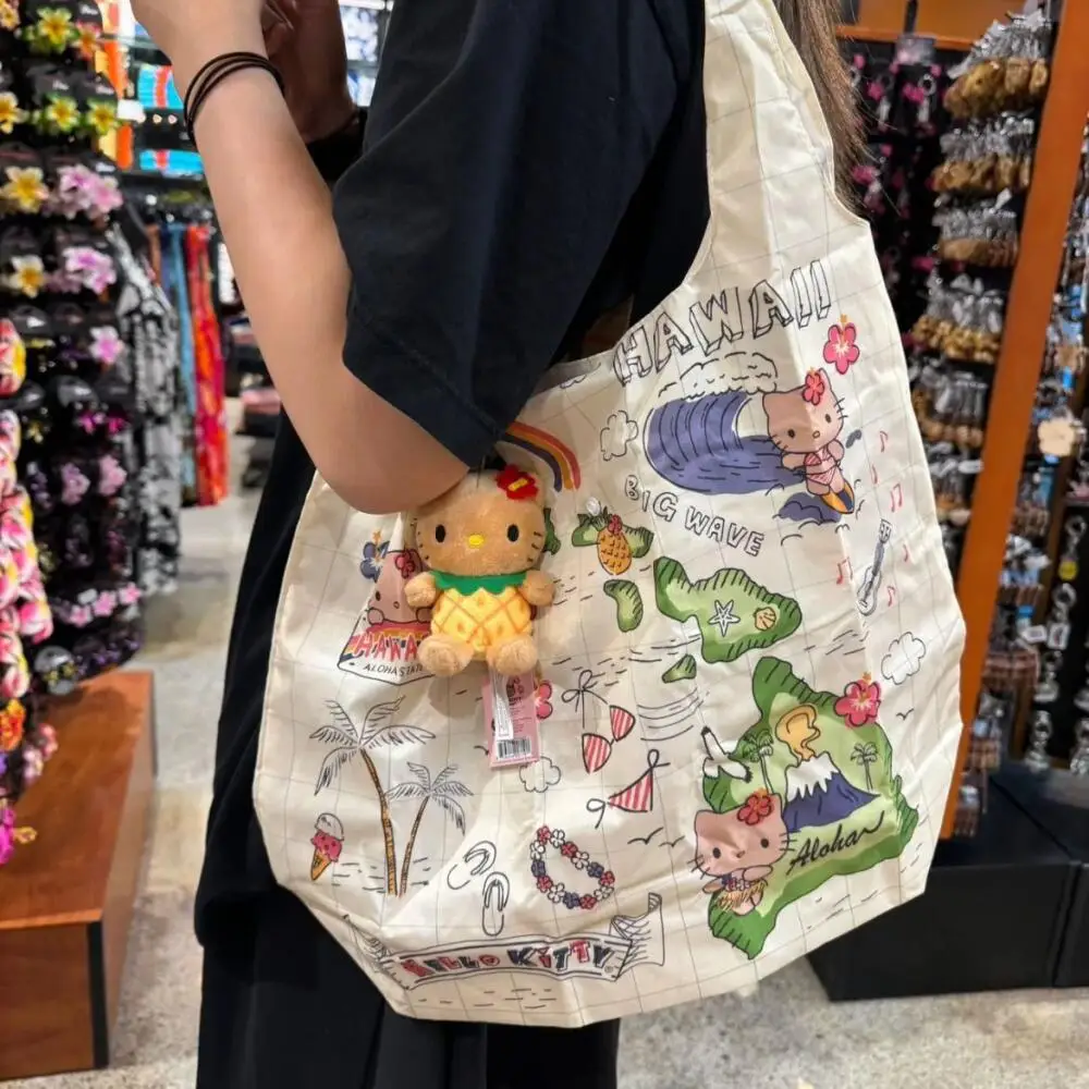 Sanrio Hello Kitty Folding Handbag Shopping Bag Hawaii Black Skin Kitty Printing Portable Shoulder Bags Outdoor Shoulder Bags