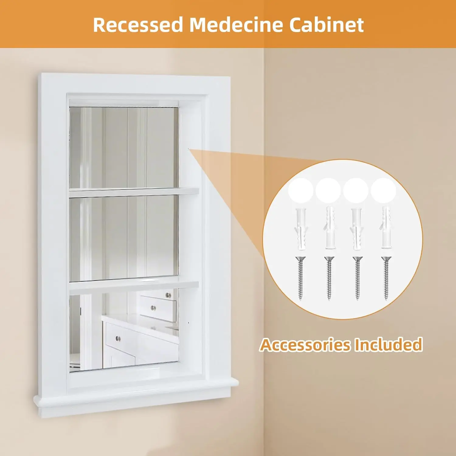 14 x 24 Recessed Medicine Cabinet, White Bathroom Wall Cabinet, 3-Tier Wall Niche with Mirror, for Bathroom Storage