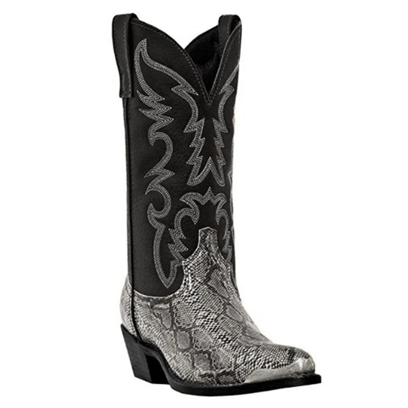 Men Boots Iron Head Anti-collision Men's Western Cowboy Boot Embroidered Pattern Couple high heeled leather Boots Big Size38-48