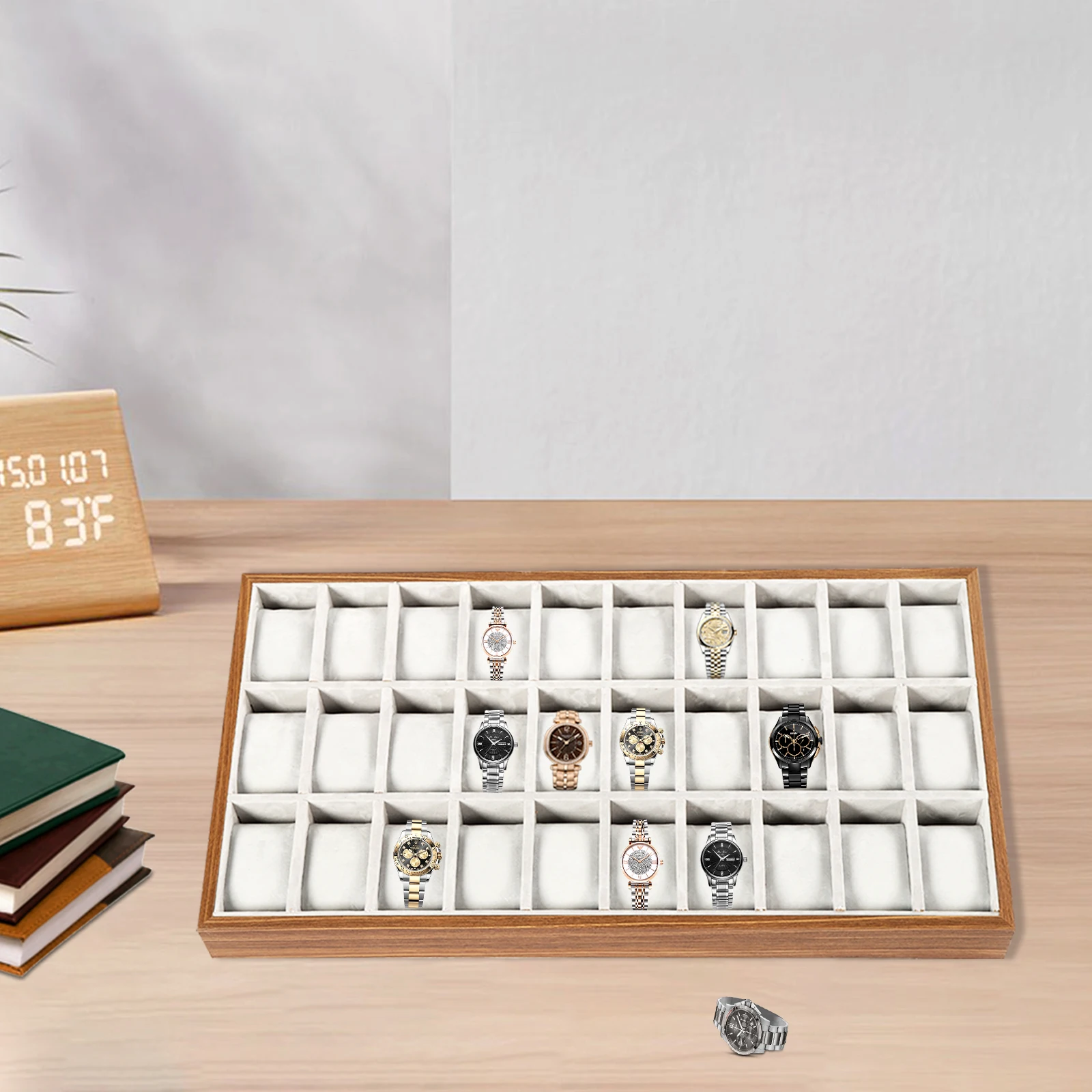 30 Grid Watch Jewelry Tray Organizer Wooden Box Organizer Display Tray Watch Bracelet Display Holder with Removable Pillow