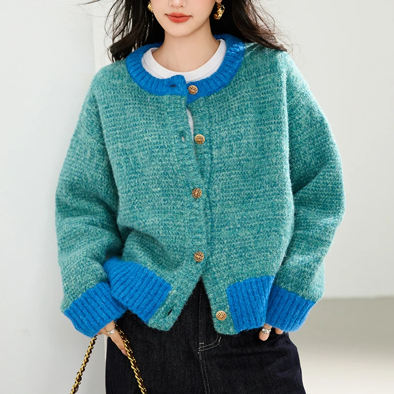 

Весенне-осенний новый тканый вязаный кардиган, женский свитер с круглым вырезом в тон, тонкий свободный повседневный зеленый вязаный топ с длинными рукавами